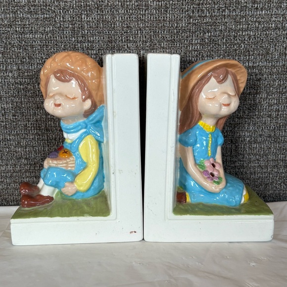 Vintage Ceramic Boy and Girl Bookends‎ Mid Century Book Lover Decor Charming - Picture 1 of 12